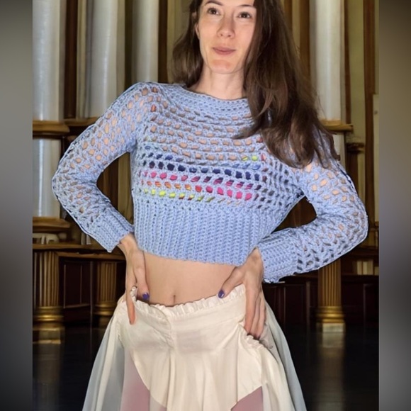Vintage Tops - Sold 9/4/24 live Baby Blue Hand Crochet Cropped Sweater Top